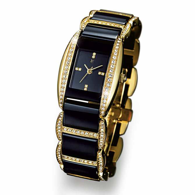 Montre Vanity Ceramic: Boîtier et maillons du bracelet en céramique noire et en acier recouvert d'or 750
